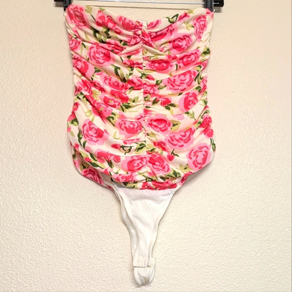 Zara Pink and Cream Floral Bodysuit Boning For Performance Super Bright - Picture 1 of 9
